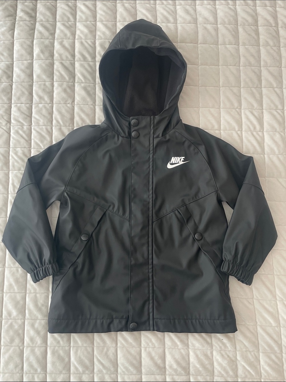 Nike Black Hooded Kids Raincoat with White Logo